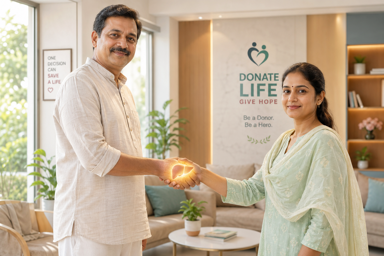 A middle-aged Indian male donor standing slightly elevated and a female recipient facing him, their hands meeting in a gentle handshake. Both maintain soft eye contact with the viewer. The environment is a bright, modern home or hospital lounge with calming pastel tones. A faint, warm-toned liver silhouette is subtly visible within their joined hands, integrated into the lighting. The mood is hopeful, dignified, and human-centered. Best gastroenterologist india Vishnu Girish